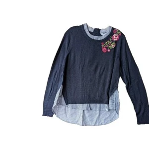 Crown & Ivy Sweater Top Blue Womens Size PL Floral  Embroidered Academia Nerd - Picture 1 of 9