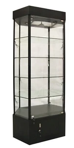 73 Inch Tall Hexagonal Black Tower Display Showcase with LED Lights and Storage - Picture 1 of 2