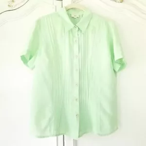 J. Jill Green Linen Pintuck Short Sleeve Button Front Shirt Womens Small - Picture 1 of 5