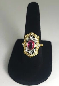 Gorgeous Art Deco Vintage Style Golden Lab Created Diamond Ruby Engagement Ring - Picture 1 of 9