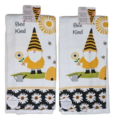 Set of 2 Save The Gnomes BEE KIND Terry Kitchen Towels by Kay Dee Designs - Image 1 of 2