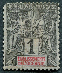 FRENCH OCEANIC SETTLEMENTS 1892 1c black on azure paper SG1 mint MH FG #A03 - Picture 1 of 1