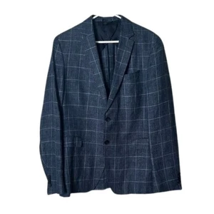 Hugo Boss blue plaid reda wool linen blend blazer men 42R sport coat two button - Picture 1 of 12