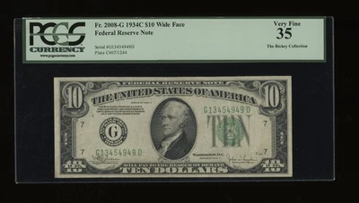 DBR 1934-C $10 FRN Wide Chicago Fr. 2008-Gw PCGS 35 Serial G13454949D - Image 1 of 2