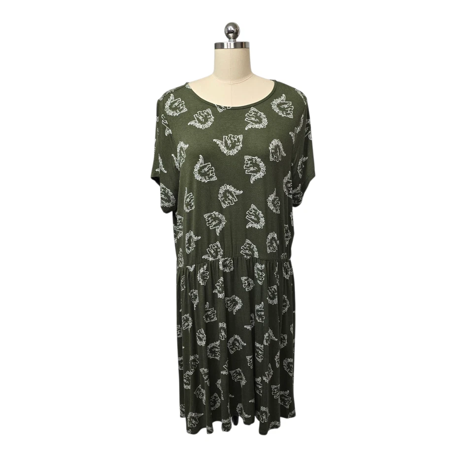 ModCloth Dress Womens 2X Green Dinosaur Print Short Sleeve Scoop Neck Midi Knit - Image 1 of 4