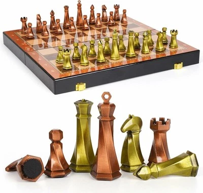 Elegant Metal Chess Set - 15" Marbled Wooden Board - Modern Metal Chess Pieces - Image 1 of 4