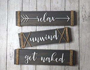 Rustic Wood Bathroom Signs - Relax Unwind Get Naked Set of 3 Signs - 3D Letters - Picture 1 of 5