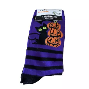 Halloween Ladies Crew Socks 2 Pack Black Cat Pumpkin Stripes Shoe 4-10 Womens - Picture 1 of 12