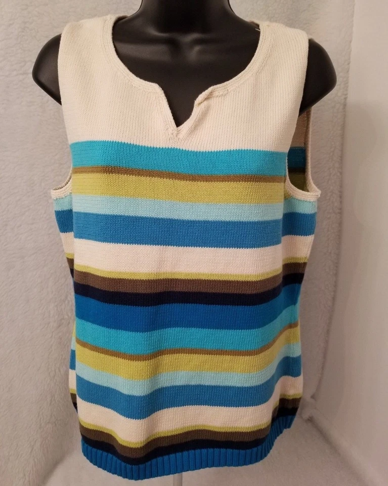 Camisa Suéter Top Liz Claiborne Mujer Talla M Mediana Beige Verde Azul Rayas Foto 1 de 3