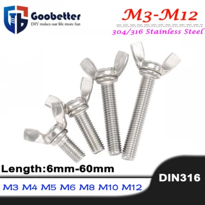 GOOBETTER M3 M4 M5 M6 M8 M10 M12 304 Stainless Steel Wing Bolts Nut Butterfly Screw DIN316
