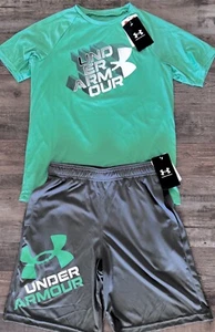 NWT Under Armour Boys YLG Light Green/Gray/White BIG LOGO Shorts Set Large - Picture 1 of 4