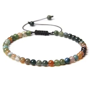Unisex 4mm Indian Agate Natural Stone Beaded Adjustable Rope Bracelet NEW - Picture 1 of 7