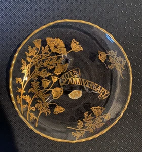 Glass & 22K Gold Floral 50th Anniversary Footed Display Plate Traditional Gift - Picture 1 of 5