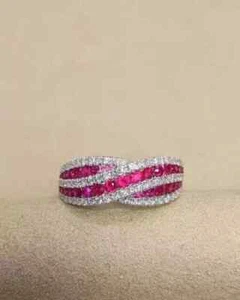 3Ct Round Cut Lab-Created Pink Ruby Women's Wedding Ring 14k White Gold Plated - Picture 1 of 6