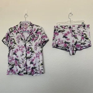 Victoria's Secret PJ Shortie Set Floral Short Sleeve Black Piping Women's Large - Picture 1 of 11