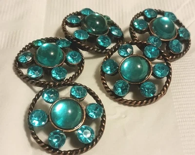 5 Gorgeous Vintage Turquoise Rhinestone Brass 7/8"  Buttoms - Image 1 of 4