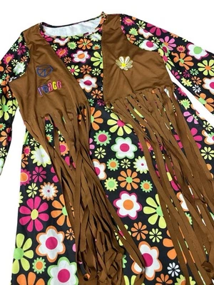 Hippie Costume Kids 60s Girl Halloween Flower Power Dress Suede Peace Vest Sz L - Image 1 of 4