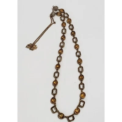 Ann Taylor Orange & Clear Crystal Open Bezel Gold Tone Necklace 32” - Image 1 of 4