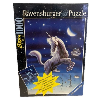 Antigo NOVO RARO Ravensburger Star Line quebra-cabeça unicórnio 1000 peças brilho no escuro 1996 - Imagem 1 de 4