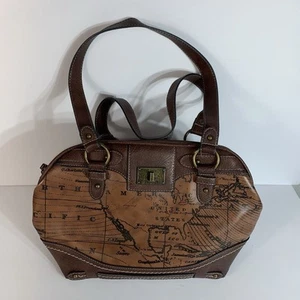 Concept Handtasche, Map Print Kunstleder braun Schultertasche, Geldbeutel LESEN - Bild 1 von 13