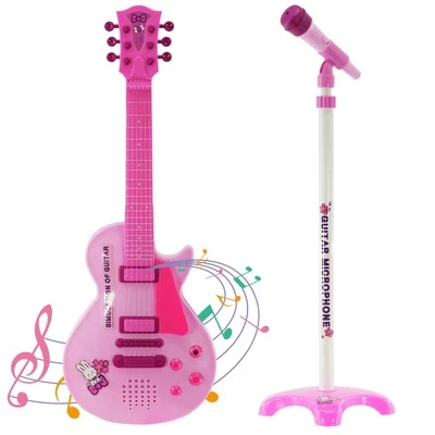 Kids 6 String Pink Electric Play Guitar & Microphone Set with Adjustable Stand - Image 1 of 4