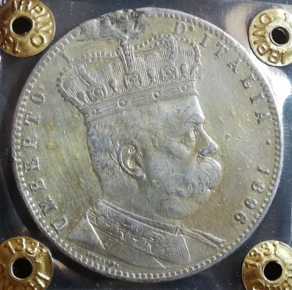 RARA - TALLERO UMBERTO I - 5 LIRE 1896 PERIZIATA - DORATA EX MONTATURA - ERITREA - Immagine 1 di 4