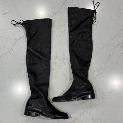 Botas por encima de la rodilla Stuart Weitzman de cuero negro para mujer talla 4 tacón bajo apilado Foto 1 de 4