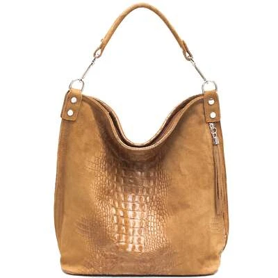Tan Croc Suede Leather Hobo Shoulder Bag Women's Bag Handbag Gift - Image 1 of 3