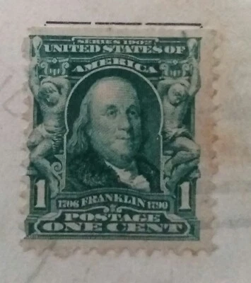 Series 1902 Benjamin Franklin 1 Cent Stamp *Extrmly Rare* 1907 Postmark, flattop - Image 1 of 4