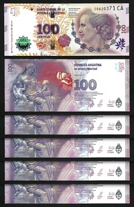 Argentina 100 Pesos Nd 2012 (2016), UNC, 5 Pcs LOT, Comm, EVA, P-358c, Suffix CA - Picture 1 of 4