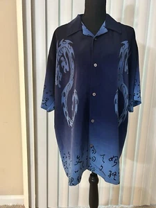 Vintage Maltos Men's Size Large Blue Short Sleeve Shirt Asian Dragon Theme - Picture 1 of 7