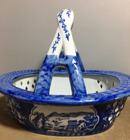 Vintage Porcelain Reticulated Blue & White Basket ~ Bombay Cover