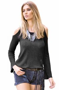 Felpa donna Elan nera maglione leggero spalle fredde maniche lunghe svasata - Foto 1 di 3