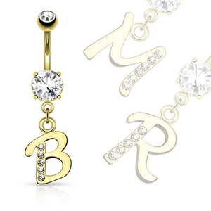 14k Gold Initial Dangle Navel Belly Ring over Surgical Steel 14g (1pc) (B/1/4) - Picture 1 of 1