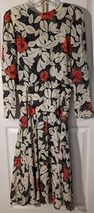 Vintage 1970er KONO schwarz elfenbein rot Blatt Print fallende Taille Kleid 9 10 Midi - Bild 1 von 5