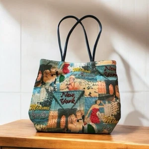 Cloth Shoulder Bag Purse Beaded Sequined New York Miami Los Angeles Travel Theme - Picture 1 of 11