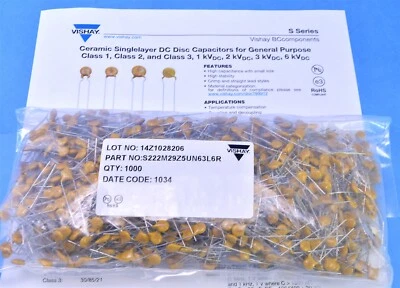 1000 Vishay Ceramic Disk 2.2nF 2200pF High Voltage 1 kVdc Capacitors - image 1 of 4