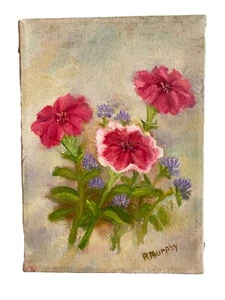 Vintage MCM Original Mini Oil Painting on Canvas Floral 5" x 7" Signed R. Murphy - Picture 1 of 6