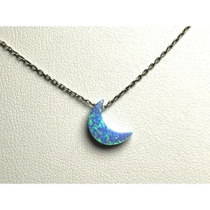 Blue Opal Crescent Moon 925 Sterling Silver Necklace - Picture 1 of 10