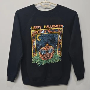 Vintage 1990 Halloween Sweatshirt Large Black Cat Jack-O'-Lantern Ghost Witch - Picture 1 of 9