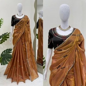 Silk Fabric Saree Blouse Set Ethnic Traditional Vintage Loo For Indian Pakistani - Picture 1 of 9