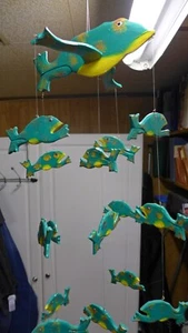 Indonesian / Balinese Handcrafted Wooden Flying Green Jumping Frog Mobile - Picture 1 of 6