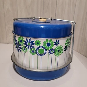 Vintage J L Clark Metal Cake Pie Food Carrier Blue Floral Picnic Triple Decker - Picture 1 of 8