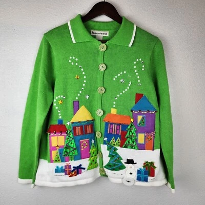 VTG Funky Christmas Sweater Button Front Cardigan L Patchwork Embroidered READ  - Image 1 of 4