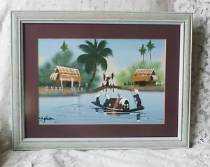 Framed & Matted South East Asian Acrylic Painting Traditional Village Boat Scene - Picture 1 of 8