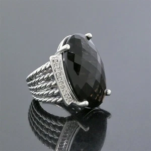David Yurman Silver 16X26 Smoky Quartz Diamond Large Oval Wheaton Ring Size 6.5 - Picture 1 of 4
