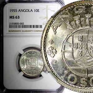 ANGOLA Portuguese Colony Silver 1955 10 Escudos NGC MS63 KM# 73 (002) - Picture 1 of 5