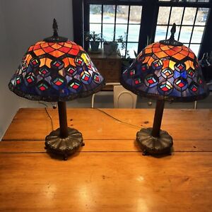 2 Identical Dale Tiffany Peacock Stained Glass Lamps  Shade And Base