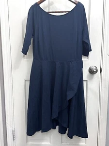 eShakti Womens Plus Size 1X-18W Solid Navy Blue Fit & Flare Wrap Dress W/Pockets - Picture 1 of 4