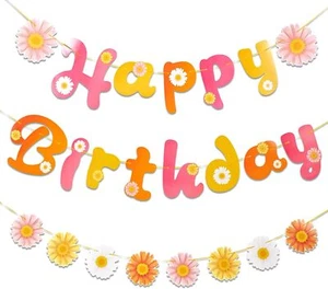 Daisy Happy Birthday Banner Boho Hippie Party Decor Baby Shower Pre-Strung - Picture 1 of 7